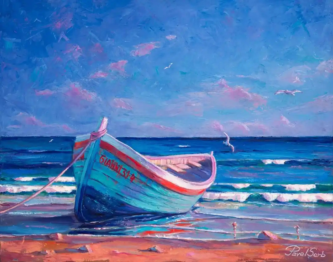 boats beach - oil painting