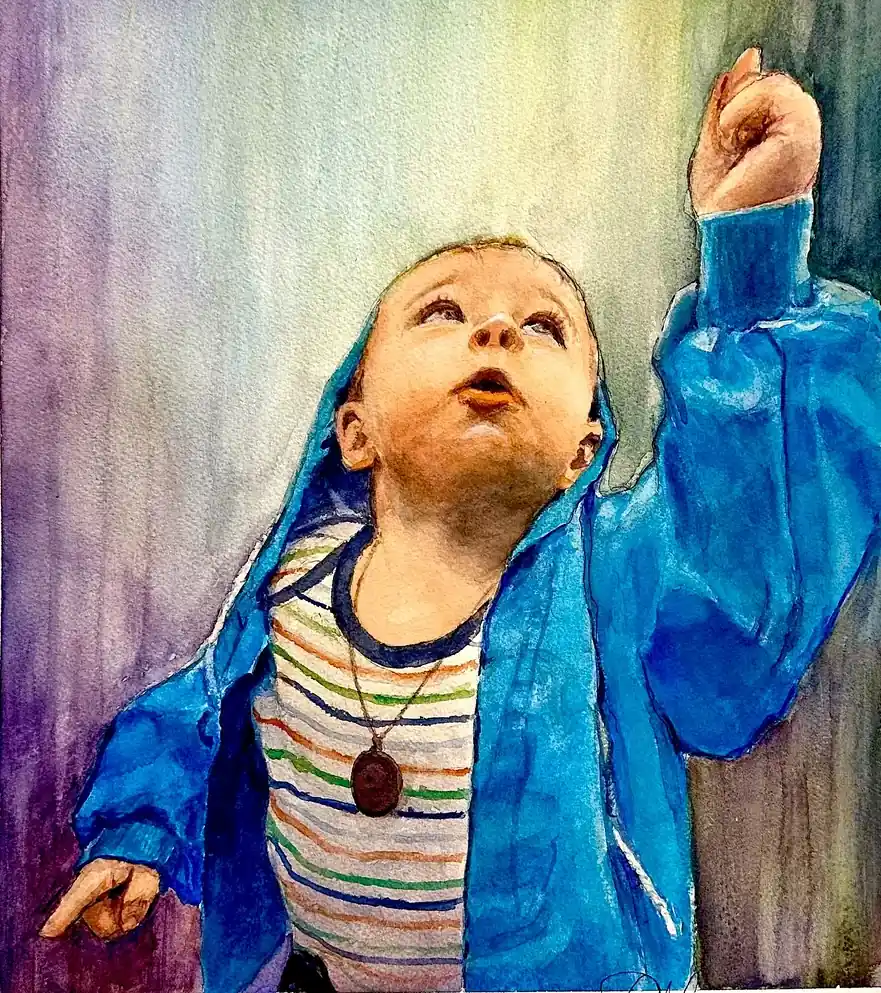 boy in air - watercolor portrait