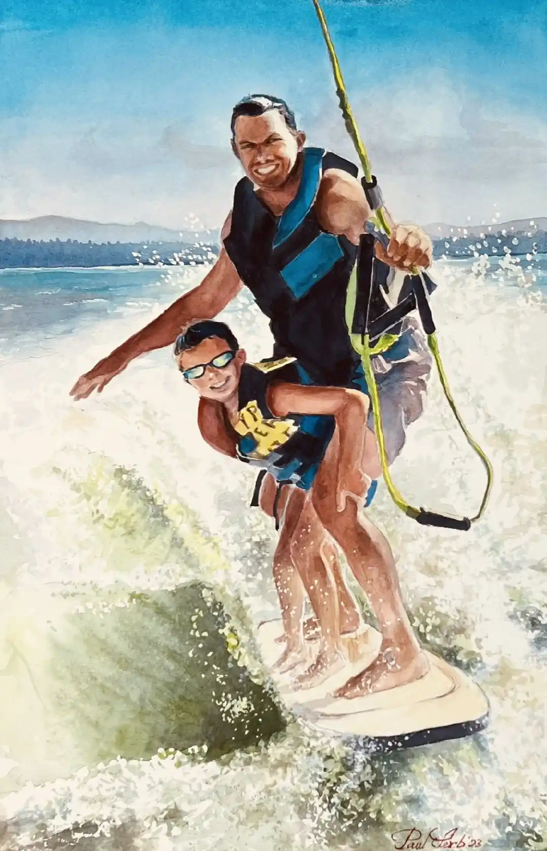 father son surfing - watercolor portrait